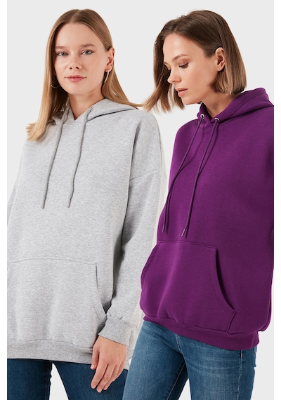 Lela Regular Fit Pamuklu Kapüşonlu Yaka Şardonlu Kışlık 2'Li Paket Bayan Sweat 5863854S2 Gri Melanj-Mor