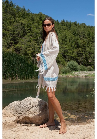 Dokubba Plaj Kimono - Ağaç Baskılı - Keten Dokuma Krem -mavi Krem -mavi