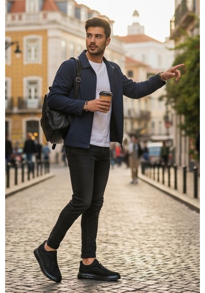 Enoch Hakiki Deri Lazer Kesim Lastikli Günlük Erkek Sneaker Comfort Taban Siyah - Antrasit
