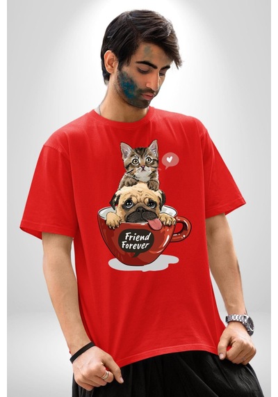 Kedi Ve Köpek Sonsuzadek Arkadaşız Pamuklu Bisiklet Yaka Unisex Oversize Boyfriend Dijital Baskılı Kırmızı T-shirt Kırmızı