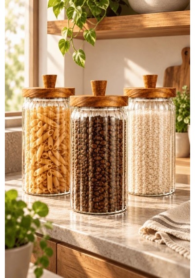3'lü Akasya Ahşap Kapaklı Çizgili Cam Kavanoz Seti 950 Ml - Vakumlu Erzak Bakliyat Kabı Diğer