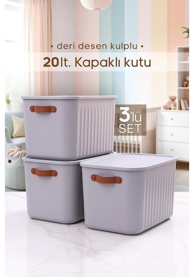 3 Adet Kulplu Gri Dolap Düzenleyici 20 Lt Kapaklı Saklama Kutusu Sepet Oyuncak Kutusu Organizer