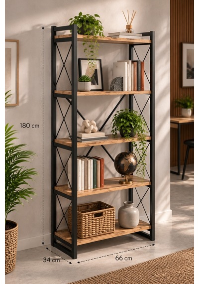 Sulorahome 5 Raflı Metal Kitaplık Ceviz Desenli 180 Cm