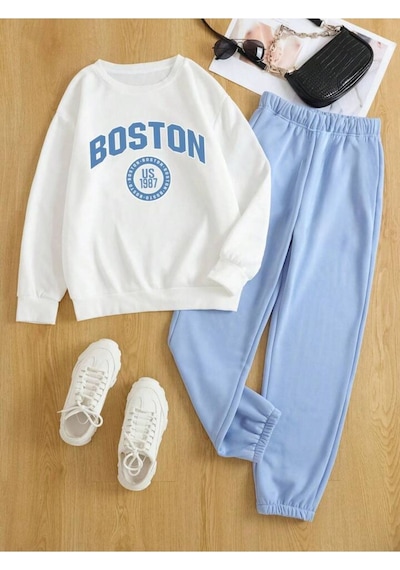 Boston 1987 Eşofman Takımı Beyaz Sweatshirt Bebe Mavisi Jogger - Baskılı Oversize Bisiklet Yaka Beyaz Bebe Mavisi Boston 1987 Eşofman Takımı Beyaz Sweatshirt Bebe Mavisi Jogger - Baskılı Oversize Bisiklet Yaka Beyaz Bebe Mavisi