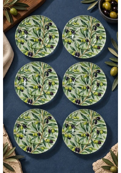 6 Lı Cam Çay Tabağı Doğal Zeytin Dalı Desenli 12 Cm 6 Adet Çay Tabak Yeşil