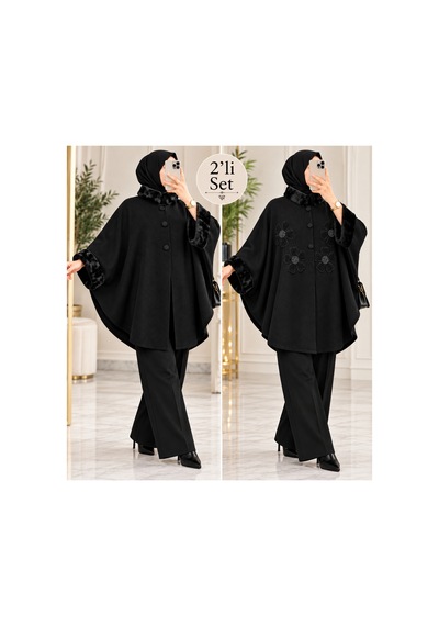 Genel Markalar Novea Scarf Premium 2 Li Set Kürklü Triko Panço Siyah - 942743086 Siyah