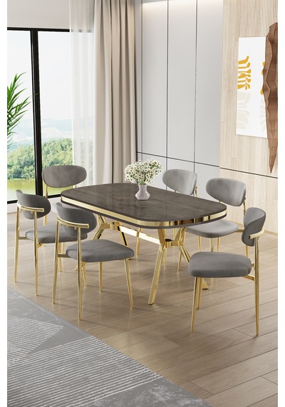 Canisa Olya Serisi 90x168 Lak Panel Antrasit İroni Masa Takımı Gold Ayaklı 6 Gri Sandalye Antrasit İroni Masa Gri Sandalye Canisa Olya Serisi 90x168 Lak Panel Antrasit İroni Masa Takımı Gold Ayaklı 6 Gri Sandalye Antrasit İroni Masa Gri Sandalye