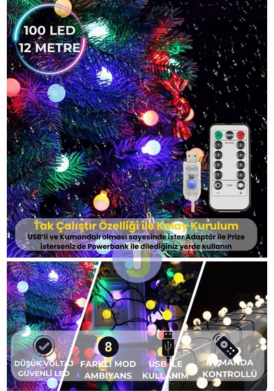 Technojet 100 Top Ledli Usbli Kumandalı 8 Modlu Led Işık Parti Süsleme Organizasyon 12 Metre