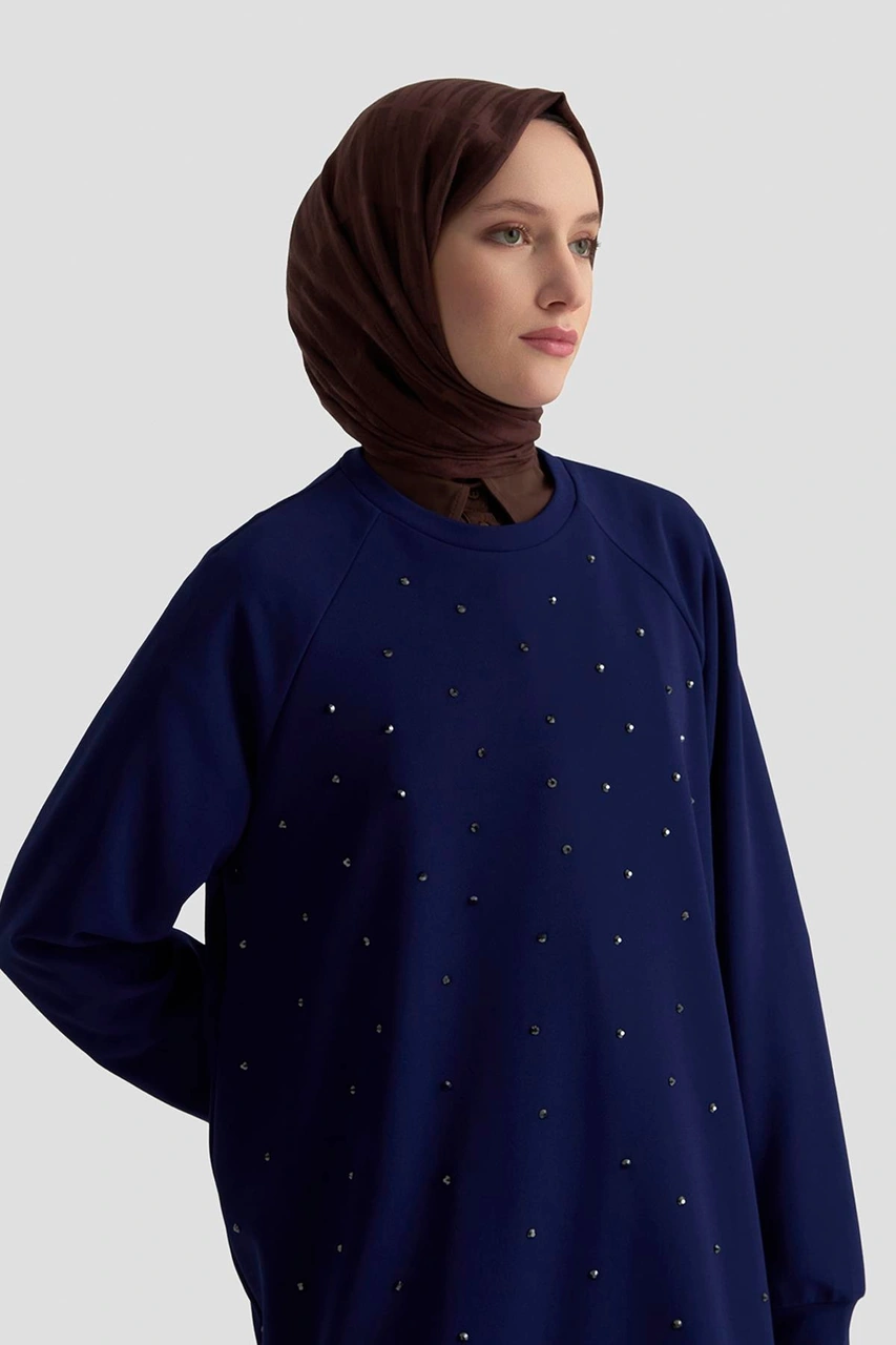 Armine Trend Önü Taş İşlemeli Tunik Saks 25kt449 Saks