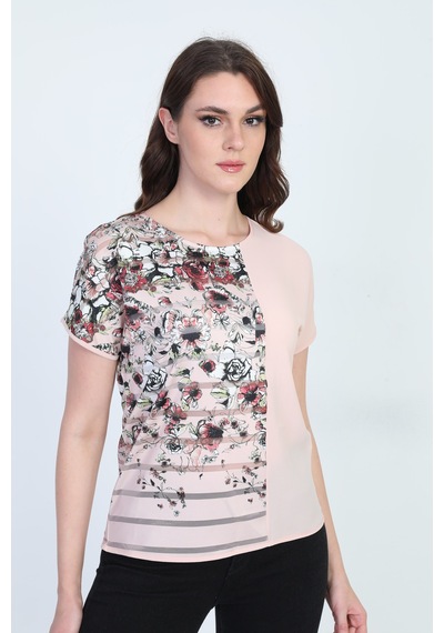 Ella Camelia Kadın Blok Desenli Transparan Detaylı Bluz 19E051 Pu Pudra Ella Camelia Kadın Blok Desenli Transparan Detaylı Bluz 19E051 Pu Pudra