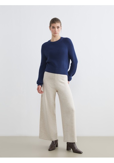 Lcw Modest Ekru Beli Lastikli Geniş Paça Kadın Triko Pantolon
