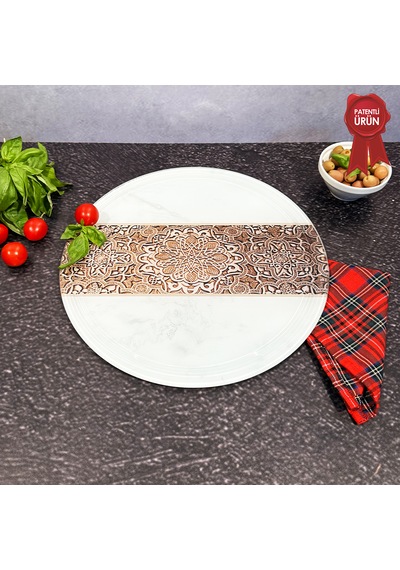 Kanallı Cam Kesme Tahtası - Arabesk Tek Şerit Desen - Çap32cm