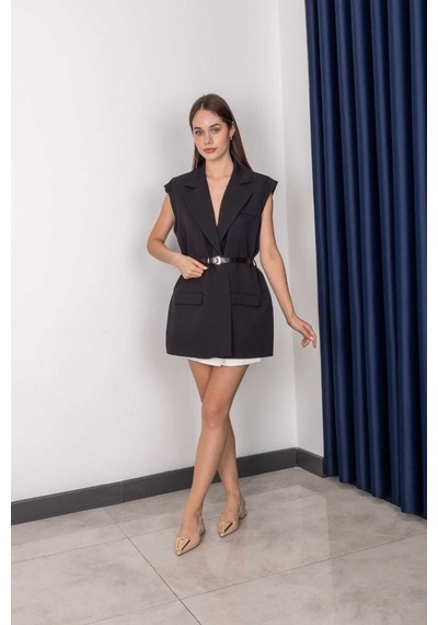 Rawea Kemerli Şal Yaka Blazer Yelek - Oversize & Pamuklu Siyah