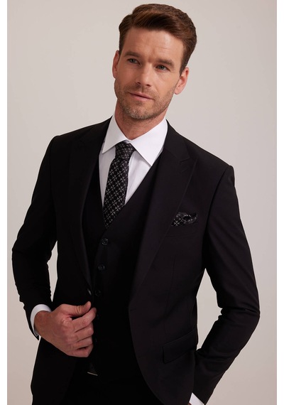 Erkek Siyah Slim Fit Yelekli Sivri Yaka Takım Elbise
