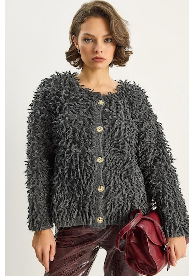 Shade Kadın Oversize Saçaklı Triko Hırka 9062 60283750 - Antrasit