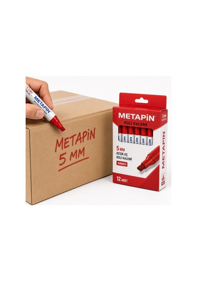 Metapin 5 Mm Kırmızı Kesik Uç Koli Kalemi 12 Adet Kalın Uçlu Marker Koli Markörü Ambalaj İşaretleme