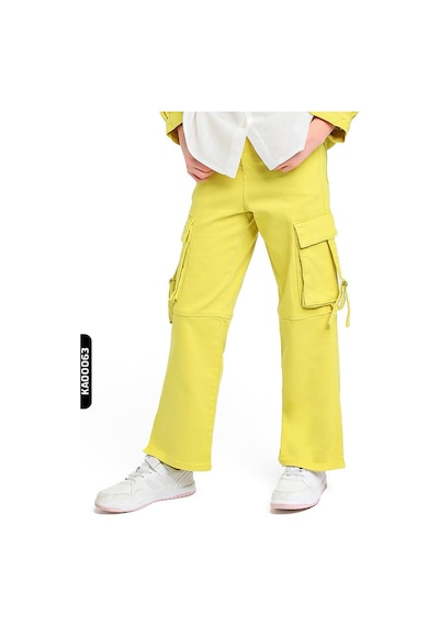 Xo Kids Yırtmaçlı Geniş Paçalı Kargo Cepli Kız Çocuk Pantolon 5-14 Yaş 2428 Yeşil