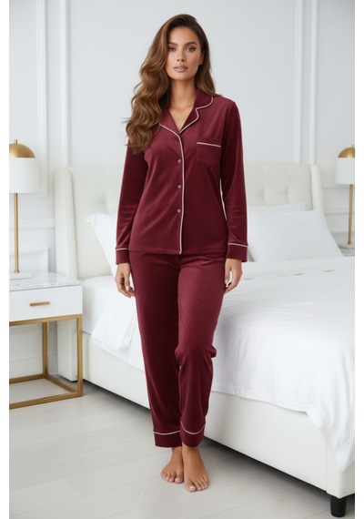 Kadın Kadife Boydan Düğmeli Şerit Detaylı 2'li Pijama Takım Bordo