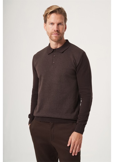 İmza Kahverengi Polo Yaka Uzun Kol Örme Comfort Fit Pamuklu Kazak 1012265153 K.kahve-s.kahve