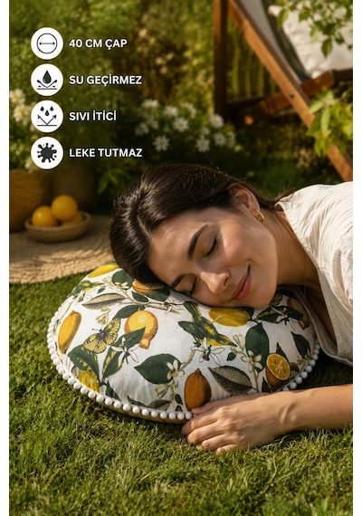 Yuvarlak Minder 40 Cm Ponponlu Limon Desenli Su Geçirmez Sıvı İtici Bahçe Balkon Minderi Çok Renkli