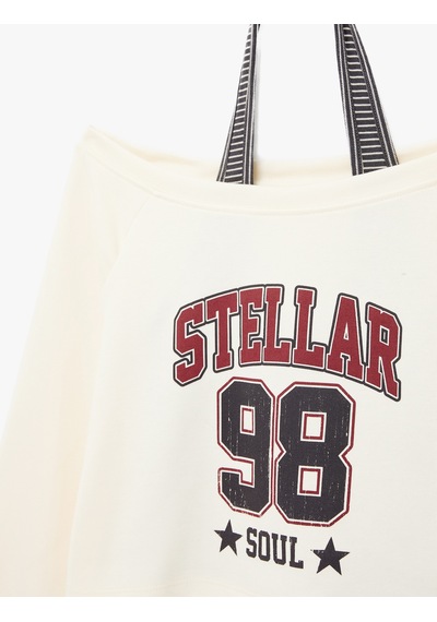 Koton Rahat Kalıp Uzun Kollu Boyundan Bağlama Detaylı Crop Baskılı Sweatshirt Ekru 6sal10378ık