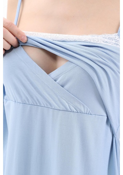 Luvmabelly Myra9651 Sabahlıklı Önden Bölmeli Dantelli Emzirme Geceliği -mavi-mavi