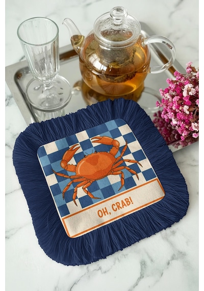 Retro Marin Stil Saçaklı Dekor Peçetesi - Deniz Kabuklu Coastal Lacivert Bardak Altlığı Mendil Grili Krem Bej