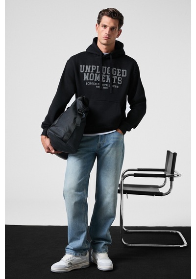 Grımelange Cassıan Erkek Önü Kabaran Baskılı Kapüşonlu Kordonlu Kanguru Cepli Siyah Sweatshirt Siyah