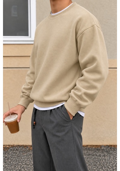 Cool Tarz Erkek 3 İplik Şardonlu Regular Fit Bisiklet Yaka Basic Sweatshirt Bej Bej
