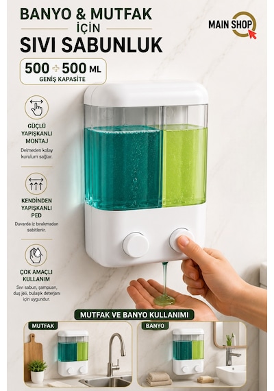 Mainshop 1 Adet Yapışkanlı Duvara Monte Mutfak Manuel Sıvı Sabunluk Çift Bölmeli 1000 Ml Doldurulabilir M-55 Beyaz