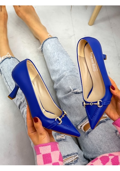 Ervanın Butiği Saks Mavi Cilt (MossCross) Toka Detay Kadın Stiletto