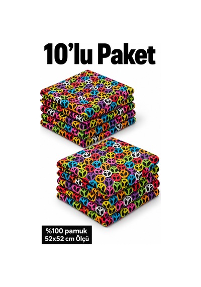 Herşeynota 10 Lu Renkli Peace Desenli %100 Pamuk 52x52 Cm Fular Bandana Seti Unisex Çok Renkli
