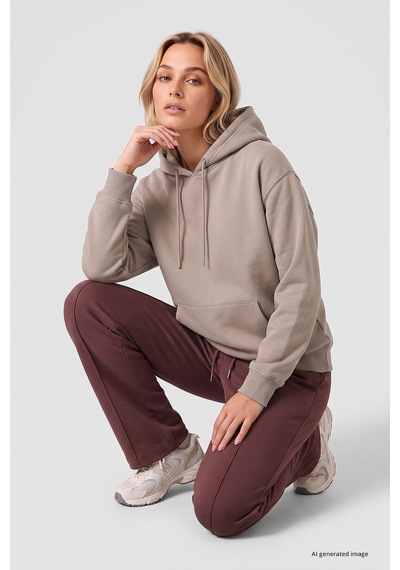 TOMMYLIFE Koyu Bej Standart Kapüşonlu Kanguru Cepli Basic Kadın Sweatshirt - 97321