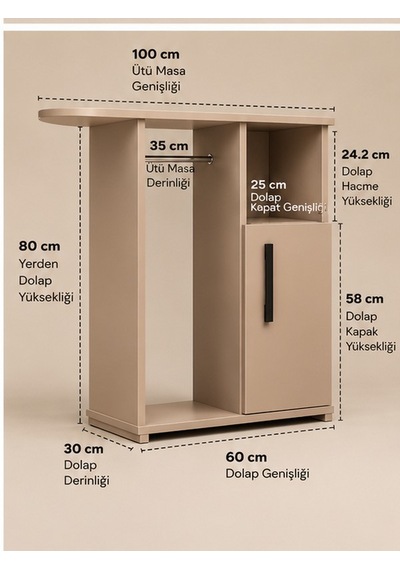 Event Ütü Masası Dolaplı Askılı Mdf Kahverengi Ütü Masası Dolaplı Ütü Standı Krem