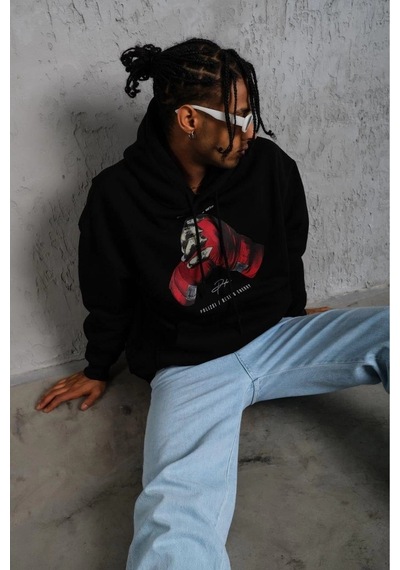Erkek Kapüşonlu Cepli Box Eldiven Baskılı 3 İplik Sweatshirt Hoodie - Siyah