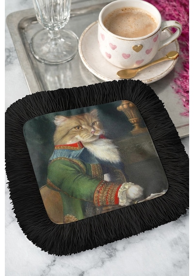 Lüks Kedi Portre Saçaklı Sunum Peçetesi - Aristokrat Retro Siyah Altın Renkli Bardak Altlığı Mendil Çok Renkli