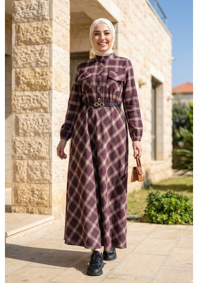 Hb Harma Time Butik Kadın Düğmeli Kemerli Bordo Ekose Kumaş Elbise Bordo Bordo