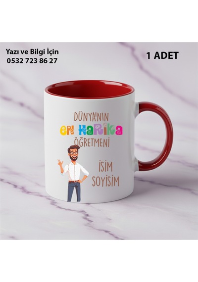 Dünyanın En Harika Öğretmeni Tasarımlı Kupa Bardak -öğretmenler Günü Hediye-kişiye Özel İsim Yazılır Kırmızı