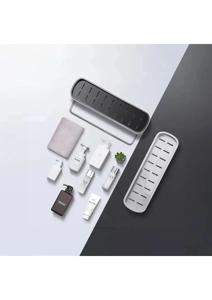 Duvara Yapışkanlı İkili Banyo Ve Mutfak Düzenleme Rafı Set Gri - Beyaz