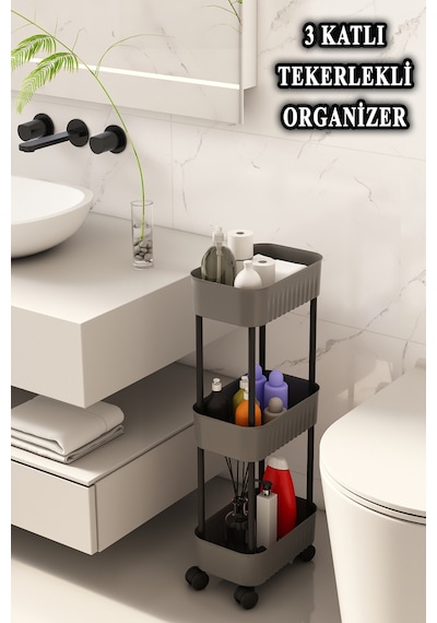 Lizbon Çok Amaçlı 3 Katlı Evye Altı Düzenleyici Dolap Içi Tezgah Altı Tekerlekli Organizer Antrasit - Gri