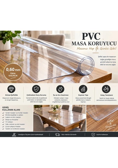 Hazline Şeffaf Masa Koruyucu Örtü 0,60 Mm Kalın Pvc Mika Kaymaz Leke Tutmaz Çizilme Önleyici Örtü