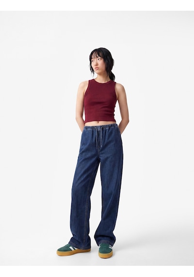 Koton Beli Bağcıklı Cep Detaylı Bol Paça Denim Pantolon Koyu İndigo 6sal40041md Indigo