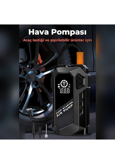 Q18 Jump Starter Akü Takviye Cihazı Hava Kompresörlü Powerbank 12000 Mah 4'ü 1 Arada