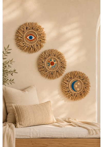 Momiko The Celestial Trilogy , Sun Moon Eye , Gökyüzü 3'lü El Yapımı Hasır Duvar Dekoru 35 Cm -