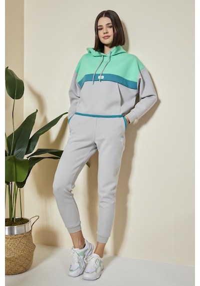 Tommy Life Taş Kapüşonlu Pamuklu Renk Bloklu Kadın Eşofman Takım - 95327 Taş