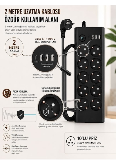 10'lu Priz, 3 Usb, 3.4 Amper, 1 Type-c Girişli 16a Akım Korumalı Uzatma Kablolu Priz Çoklayıcı 1 - 3 M