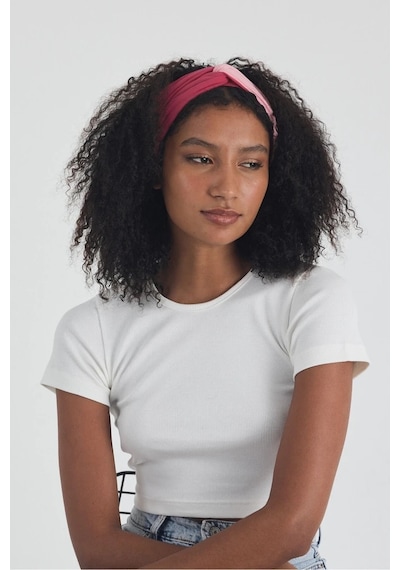 Butikgiz Beyaz Kısa Kol Bisiklet Yaka Vücuda Oturan Kaşkorse Crop + Bandana Set %100 Pamumklu, Esnek Rahat Beyaz-fuşya-pembe