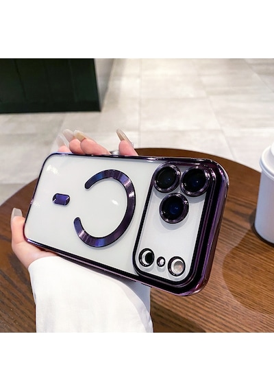 Apple Uyumlu iPhone 17 Pro Max İçin Magsafe İle Kılıf Kamera Lensli Korumalı Şeffaf Silikon Kapak Derin Mor