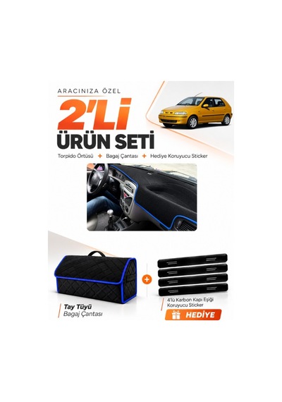Fıat Palio 1999-2005 Uyumlu Torpido Örtüsü + Tay Tüyü Bagaj Çantası + Sticker Seti - Siyah Mavi