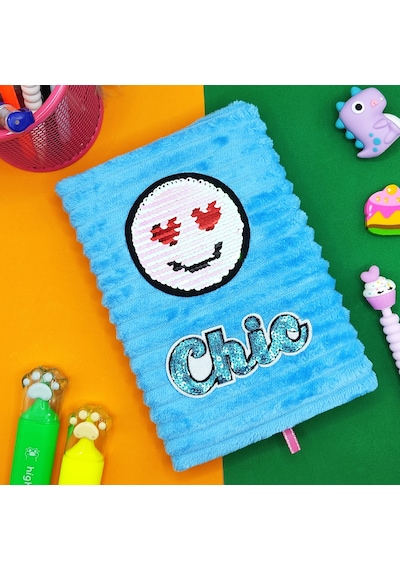 Peluş Pullu Not Defteri 20x13 Cm , 60 Yaprak, Kalpli Gülenyüz - Mavi